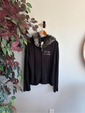 Harley-Davidson Women's Black Knit Zip-Up Hoodie with Faux Fur Hood
